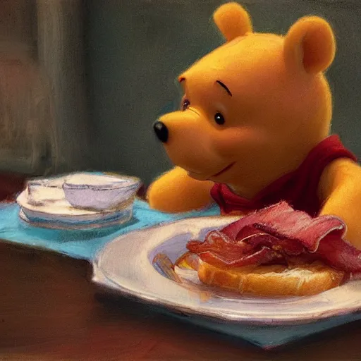 Prompt: close up of winnie the pooh eating bacon sandwich, cinematographic shot, by daniel f. gerhartz