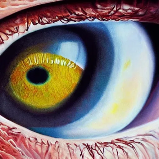 Image similar to a highly detailed photorealistic painting of a human eye that has a reflection of outer space