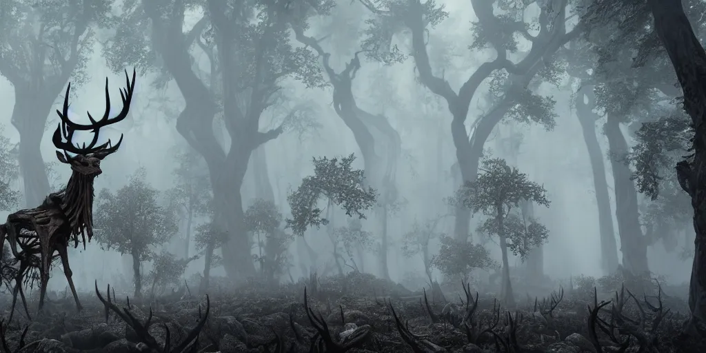 Image similar to leshen with deer skeleton skull and horns, ram skulls, grand imposing powerful sculpture. swirls of mist. occult photorealism, uhd, amazing depth, volumetric lighting, cinematic lighting. epic landscape.