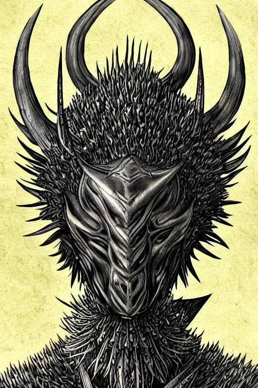 Prompt: thistle humanoid heavily armoured, symmetrical, highly detailed, digital art, needles, thorns, goat horns, sharp focus, trending on art station, kentaro miura manga art style