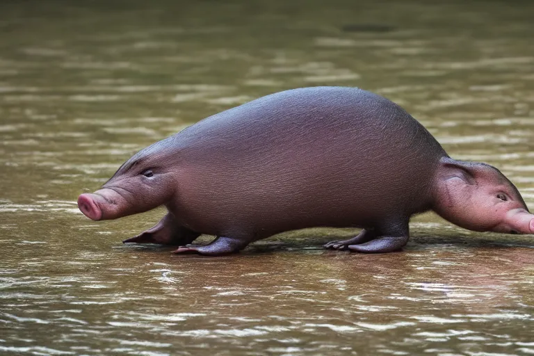 Prompt: a pig platypus!!! hybrid! hyper realistic!! realistic lighting!! wildlife photographer of the year!!! bold natural colors, national geographic, hd, wide angle, 8 k