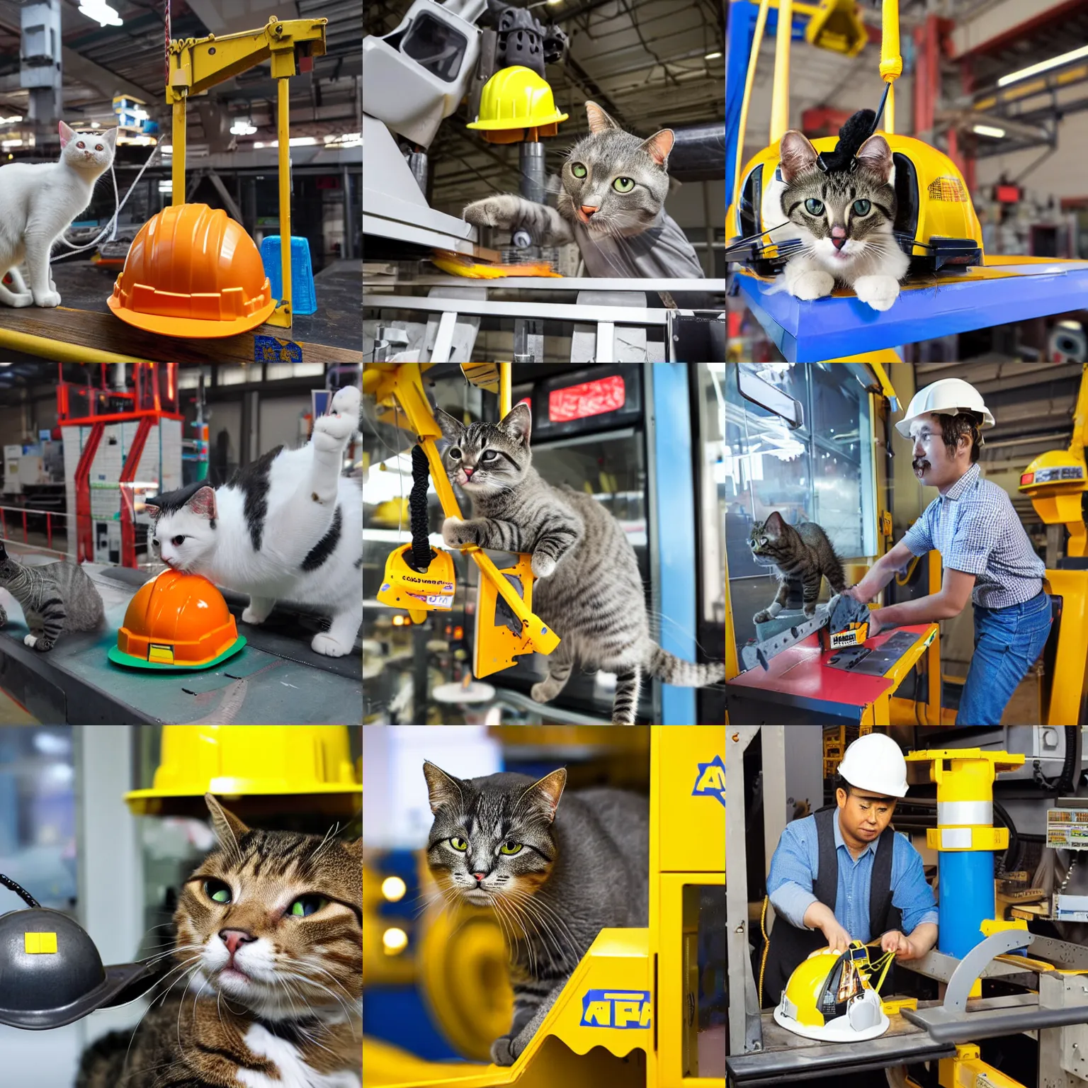 Prompt: cat operating industrial crane machine wearing a safety helmet