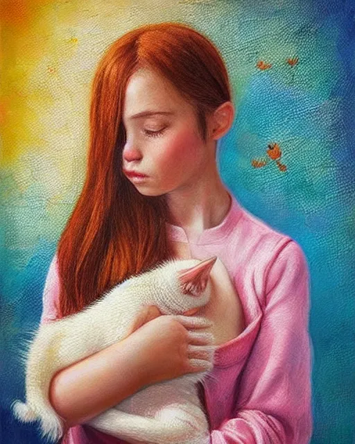 Image similar to a woman with freckled hair holding a cat, a photorealistic painting by Lilia Alvarado, pinterest, art photography, complementary colors, enchanting, lovely