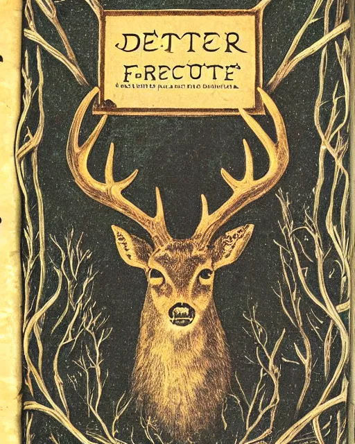 Prompt: esoteric forest scripture old book cover written for deer