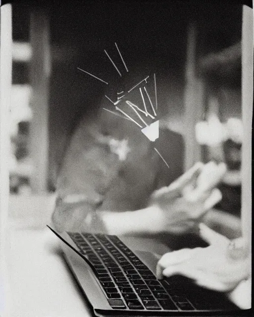 Image similar to 1 9 0 0 s photo of a person on a macbook pro old photo grain double exposure