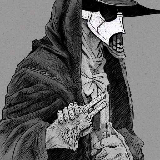 Prompt: a portrait of a plague doctor gunslinger, dark fantasy, horror, western, hell, ultrafine detailed digital pencil art by frank frazetta and vito acconci and and takeshi obata and mike mignola, death note style, colored, symetric body, cgsociety, sharp focus, detailed face