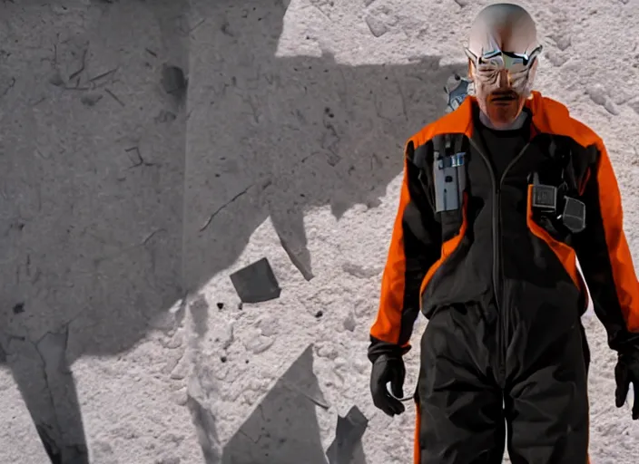 Image similar to film still of Walter White as Gordan Freeman wearing Black and orange Black Mesa Jumpsuit holding a gravity gun in the Half Life Movie, 4k