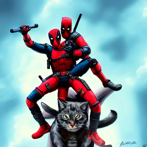 Image similar to illustration of deadpool riding on cat's back in space, trending on artstation