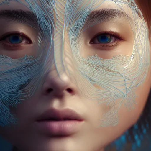 Image similar to intricate highly detailed face portrait of asian - european woman, light blue water vines on her face, intricate, cgsociety, unreal engine, octane render, sharp focus, smooth, volumetric lighting, cinematic composition, artstation