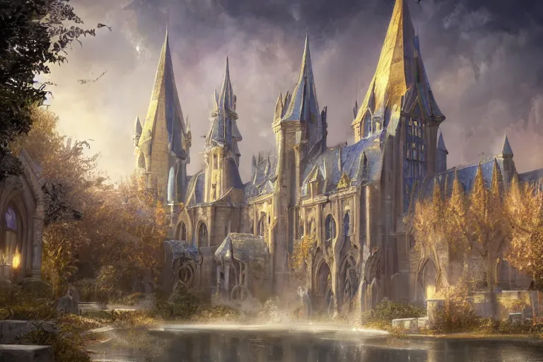 Prompt: A beautiful magical college viewed from the outide, texture, intricate, details, highly detailed, masterpiece, architecture, building, trending on artstation, focus, sharp focus, concept art, digital painting, fantasy, sunny, day, midday, in the style of Wizards of the Coast