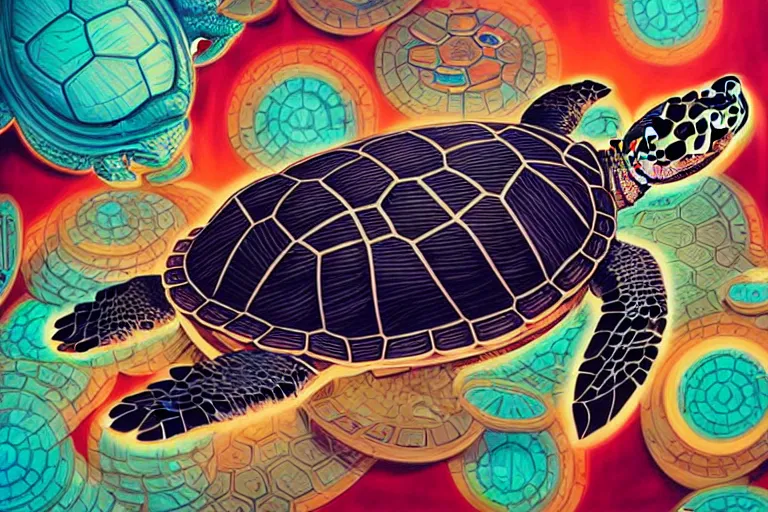 Prompt: turtle turtle cell shaded, post grunge, tristan eaton, victo ngai, artgerm, rhads, ross draws