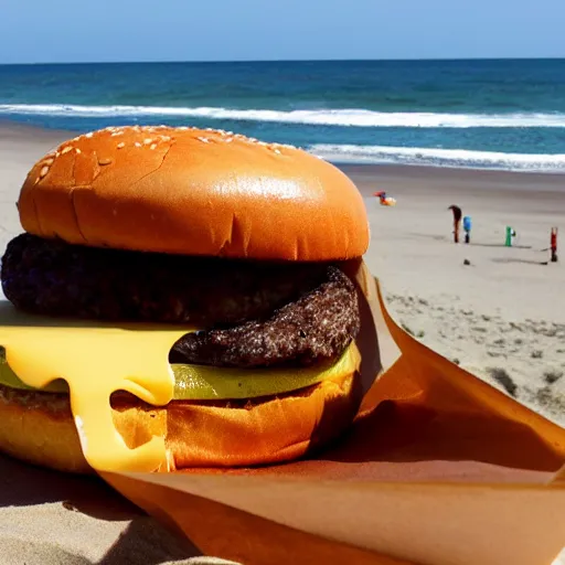 Prompt: cheese burger on normand beach