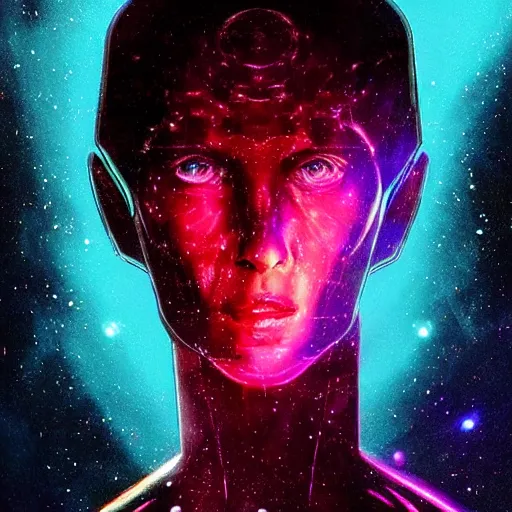 Prompt: portrait from a bird like alien, synthwave, universe background, nebula, galaxy, artstation