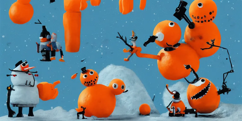 Prompt: cute orange and blue cartoon monsters building snowmen by Goro Fujita and Simon Stalenhag and Salvador Dali and Banksy and Basquiat, 8k, highly detailed, cinematic