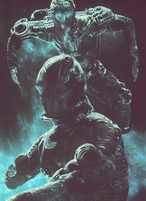 Prompt: astronauts in dark and empty void underwater - complex composition and hyperdetailed technical suit. reflection and dispersion materials. rays and dispersion of light. volumetric light. 5 0 mm, f / 3 2. noise film photo. flash photography. ultra realistic, wide angle. poster by wayne barlowe, hajime sorayama aaron horkey, craig mullins. polaroid.