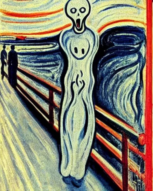 Image similar to a painting of ghostface in the scream by edvard munch