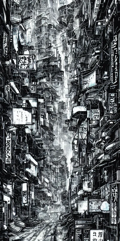 Image similar to manga illustration of poor cyberpunk city, rainy weather, highly detailed,