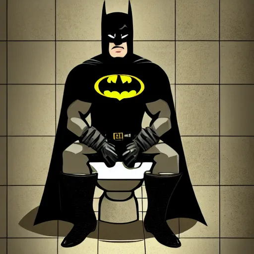 Prompt: low dutch angle shot of constipated batman sitting on a toilet with pants down, sweating, tiny room with dirty wall tiles, comic digital art, by tony daniel, super detailed, 4 k, artistic