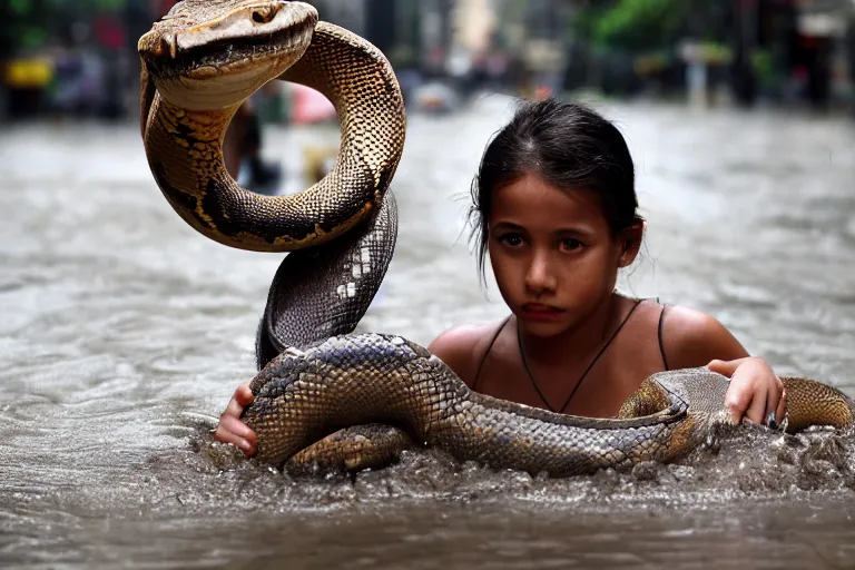 Prompt: closeup portrait of a girl carrying a python over her head in a flood in Pitt Street in Sydney in Australia, photograph, natural light, sharp, detailed face, magazine, press, photo, Steve McCurry, David Lazar, Canon, Nikon, focus