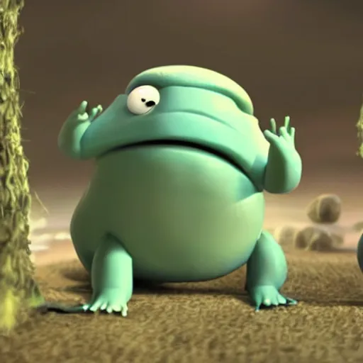 Image similar to a friendly Tardigrade smiling and waving, cgi character, children's movie-art