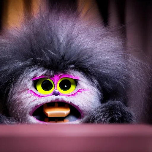 Prompt: cinematic photo of a very evil looking furby, detailed fur, scary, 1997, creepy animatronic toy, very sharp needle like teeth, iconic toy from 90's, horror