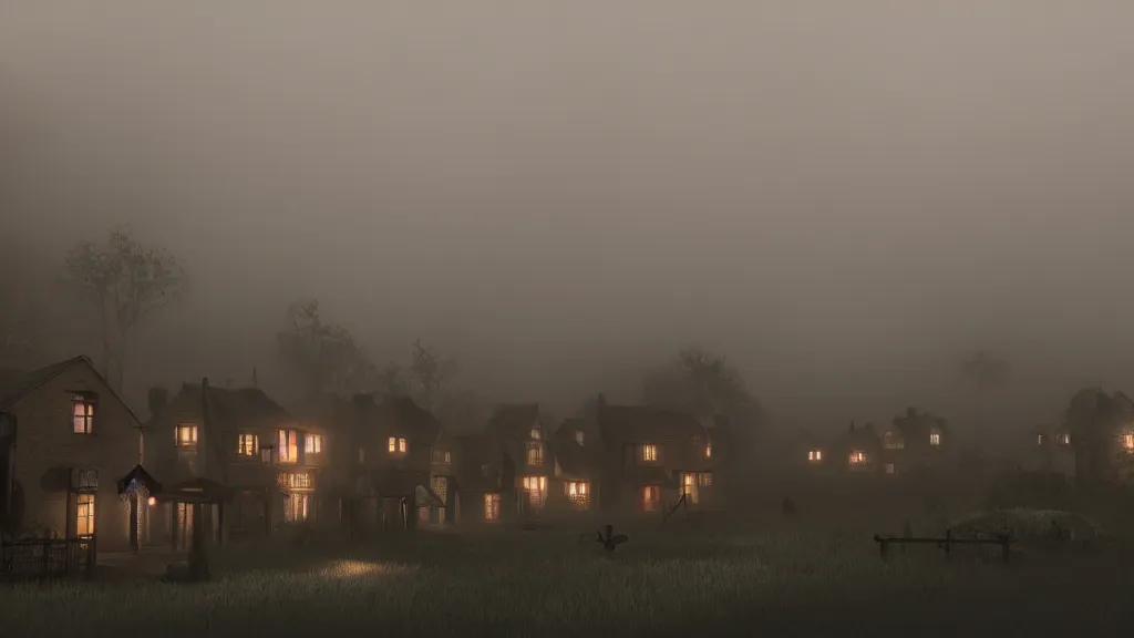 Prompt: village with many beautiful houses in the fog, fog, volumetric lighting, mystique, atmospheric, in the style of the game inside, sharp focus, ultra detailed, noir arthouse, 4 k, cinematic, 3 5 mm