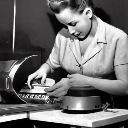 Image similar to an early 1950s photo of someone on a computer making a donut in blender