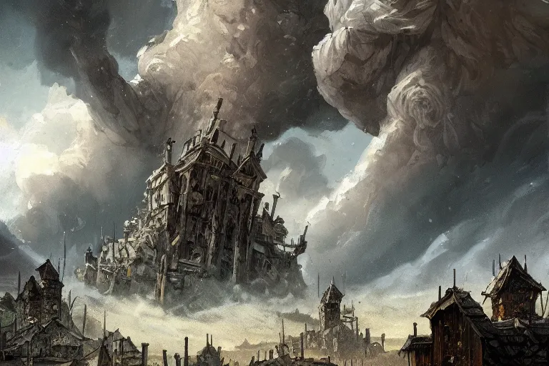 Image similar to a lovcraftian deity as tall as the clouds destroys a village, 1 8 0 0 s, in the style of coriolis rpg, hyperdetailed, dark sci - fi, artstation, 8 k, rutkowski