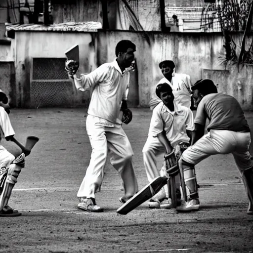 Prompt: four guys playing a game of cricket, on an indian street, award winning image, national geographic, dslr 3 0 mm image, black and white, wow, gorgeous