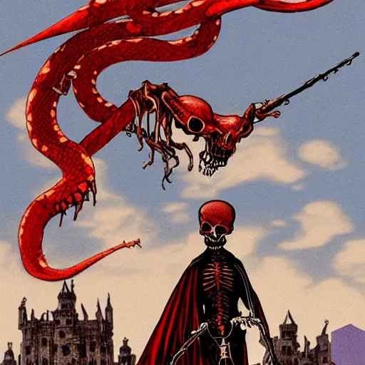 Prompt: A beautiful computer art of a horned, red-eyed, skeleton-like creature, with a long black cape, and a staff with a snake wrapped around it, standing in front of a castle atop a cliff. deep indigo, burnt sienna by Todd McFarlane ordered