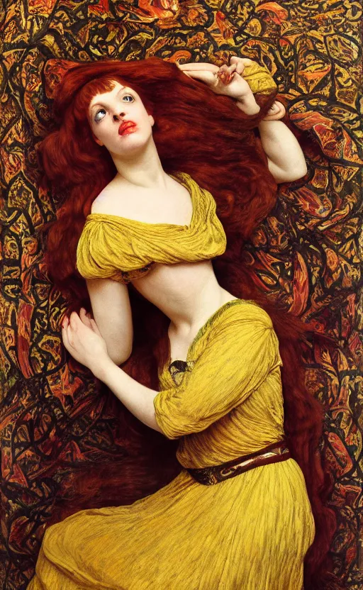 Image similar to preraphaelite full body portrait photography masterpiece hybrid of judy garland and florence welch, reclining, brown hair fringe, yellow ochre ornate medieval dress, kilian eng and william holman hunt, frederic leighton, ford madox brown, william morris, framed 4 k