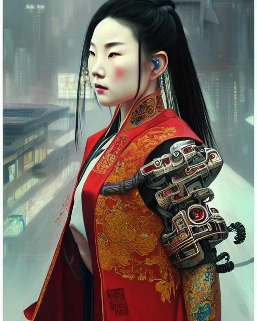 Image similar to portrait of a chinese cyberpunk machine, machine face, robed, upper half portrait, decorated with chinese opera motifs regal asian machine robot cyberpunk fine china, wuxia, traditional chinese art intricate intense elegant highly detailed digital painting artstation concept art smooth sharp focus illustration, art by artgerm and greg rutkowski alphonse mucha 8 k