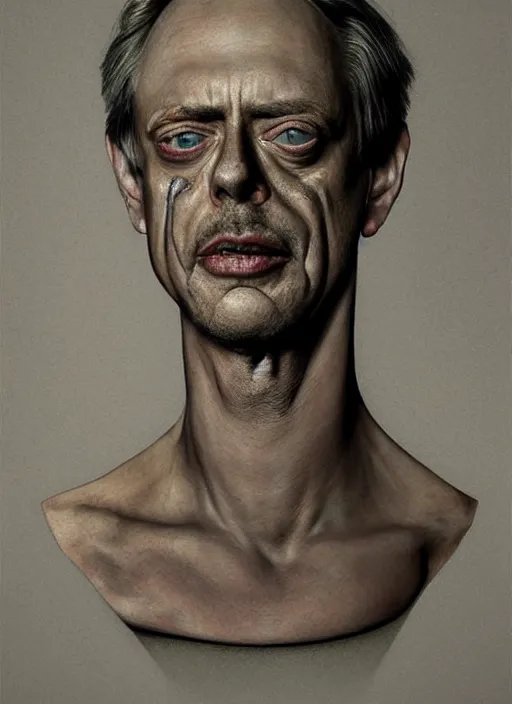 Prompt: bust of steve buscemi, technology vs nature, split in half, falling out of the face, the truly amazing part about this is that it increasingly appears our cortical evolution reflects this emergent tension, photorealistic by michael komarck, greg rutkowski, victo ngai, artgerm, willem claesz heda and j. dickenson