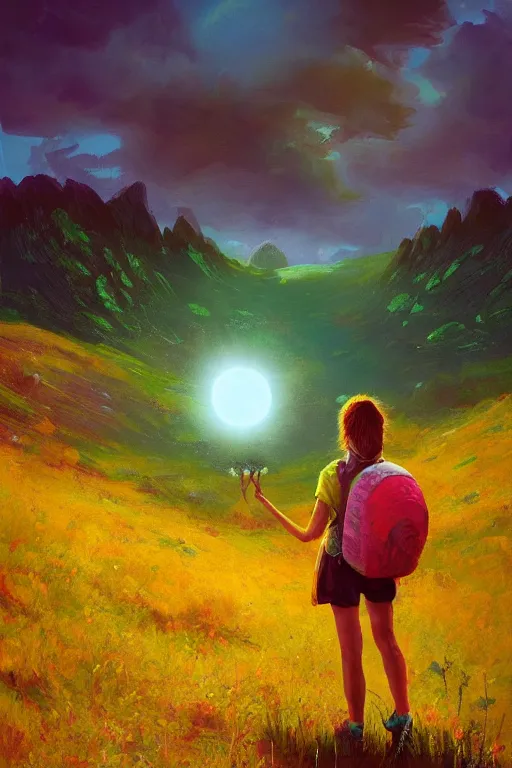 Image similar to giant daisy flower head, girl hiking in the mountains, surreal photography, sunrise, dramatic light, impressionist painting, colorful clouds, digital painting, artstation, simon stalenhag