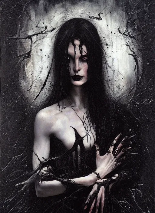 Prompt: mystic cult vampire woman, dark mystical fearful horror, dressed in black, seductive dangerous, perfect, by karol bak, nicola samori, masterpiece