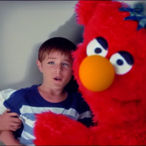 Prompt: commercial of a 6 year old boy cuddling with elmo shaped as a crucifix, early 2 0 0 0 s infomercial, film grain, realistic