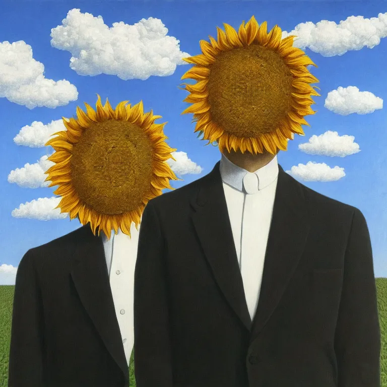 Image similar to portrait of a faceless sunflower - head man in a suit, clouds in the background, by rene magritte, detailed painting, distance, centered, hd, hq, high resolution, high detail, 4 k, 8 k