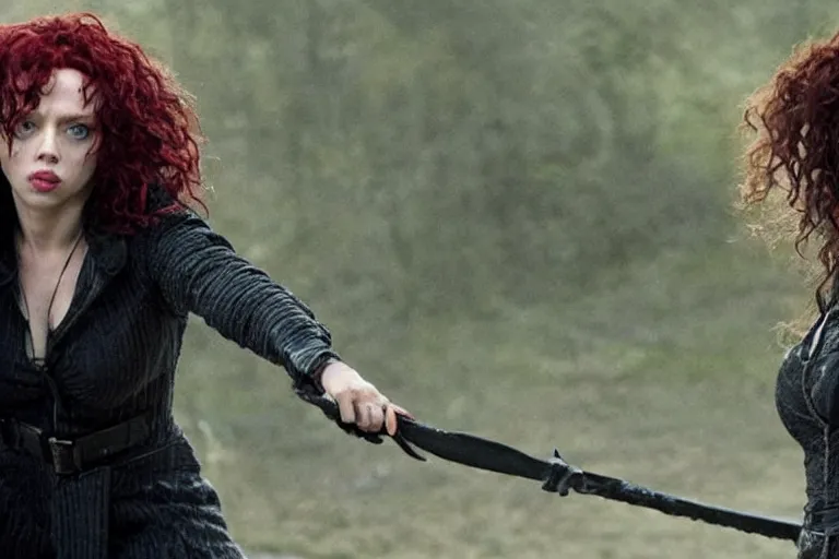 Prompt: film still Scarlet Johansson as Bellatrix Lestrange in Harry Potter movie