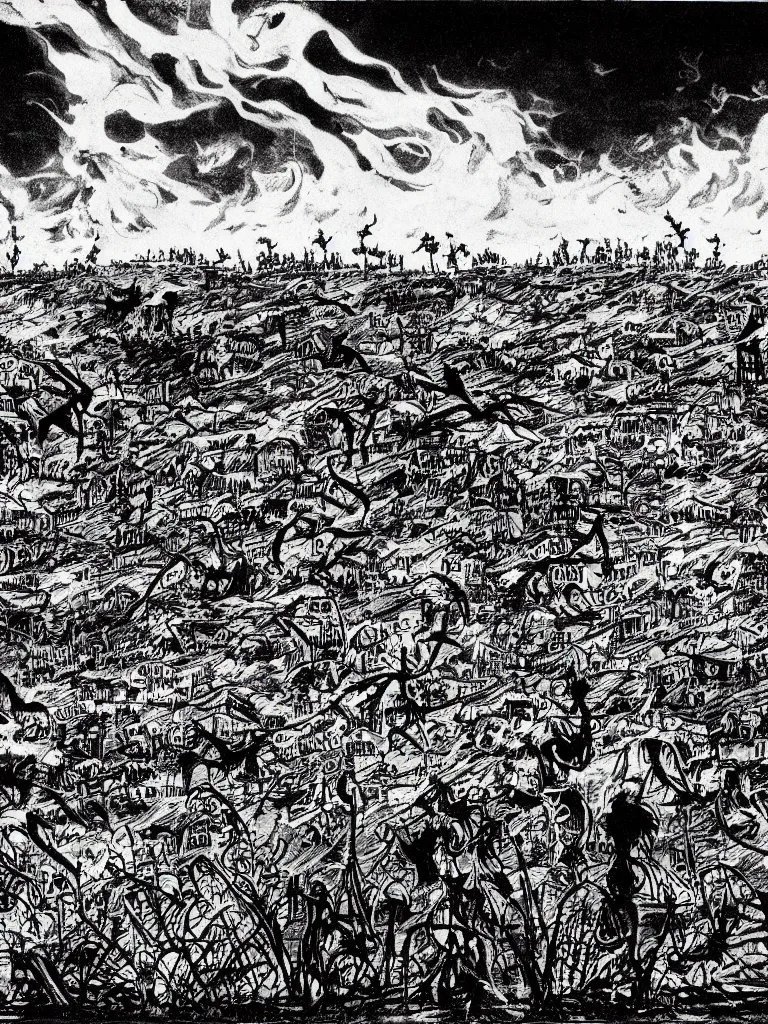 Image similar to field on fire in foreground, demons attacking humans in foreground, small town in destroyed in background, black and white, manga