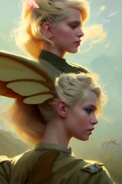 Image similar to cinematic shot of an epic portrait of a cute blonde fairy dressed in military clothes, stylised military clothes, large wings on back, shiny skin, beautiful, small details, realistic poster with volumetric light from jeremy lipkin and michael garmash, craig mallism, artgerm, unreal engine, radiant light, digital art, trends at art station, a masterpiece