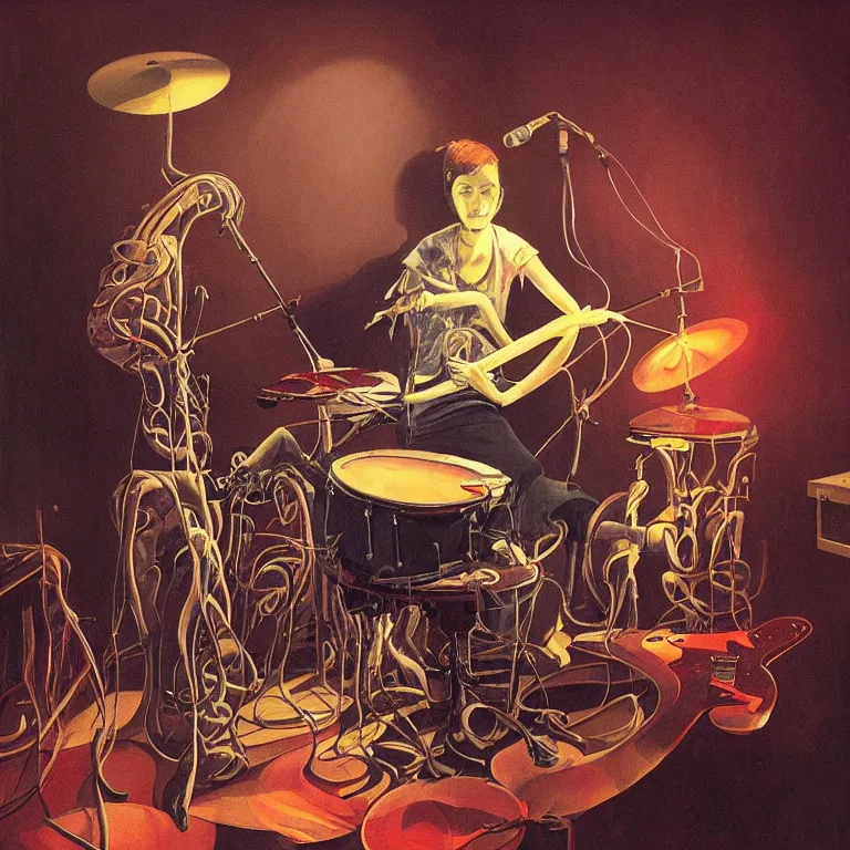 Image similar to a beautiful painting by etam cru of an octopus playing drums and telecaster guitar in an electronic concert, dark background, concert light, dark mood, warm lights