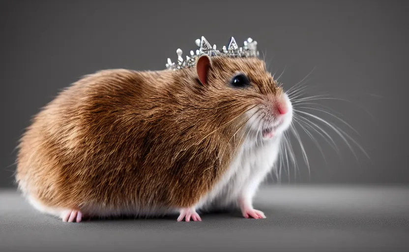 Image similar to studio photography of a king hamster with a crown and a coat, detailed face, cinematic lighting,, 8 k