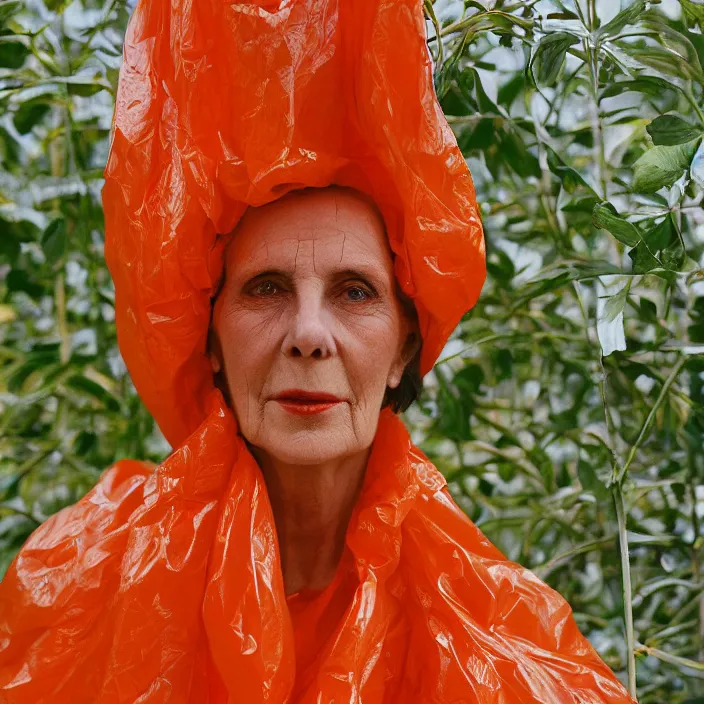 Image similar to closeup portrait of a woman wrapped in orange cellophane, standing in an overgrown greenhouse, color photograph, by paula rego, canon eos c 3 0 0, ƒ 1. 8, 3 5 mm, 8 k, medium - format print