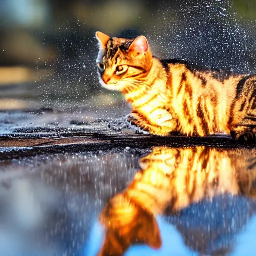 Image similar to a tabby cat jumping over a puddle of oil, reflections, destruction and fire in background, ash in the wind, intense