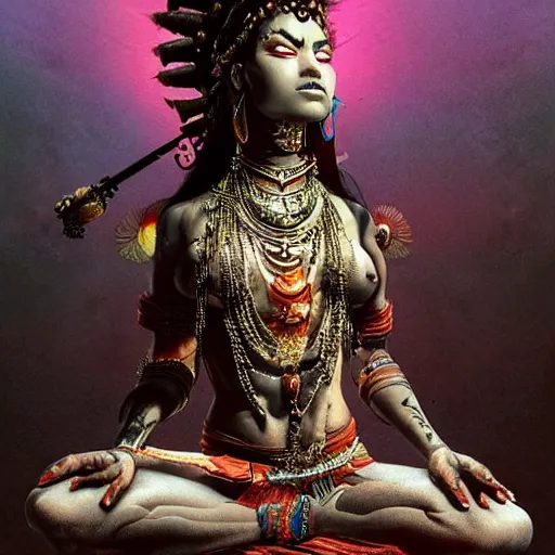 Prompt: kali goddess gadgetpunk warrior meditating in a beautiful place, perfect faces, fine details, studio lighting, subtle shadows, art by katsuya terada, photorealism, hyper realism, octane render