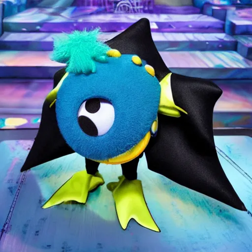 Image similar to a marketable plush muppet of a goth mantaray, in the style of muppets, lighting and character design from spongebob the musical on broadway, real, photograph, cinematic