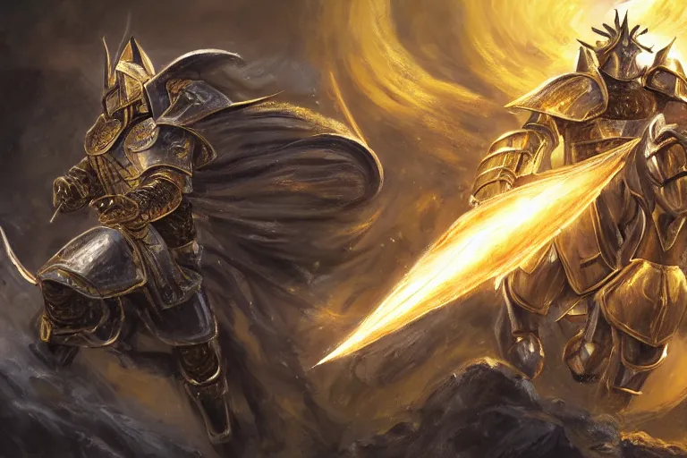 Image similar to an ultra detailed portrait of saladin as a warhammer paladin charging into battle wearing bright gold armor and huge flaming longsword blessed by god, epic anime fantasy, 8 k, volumetric lighting, smooth, highly detailed, digital illustration, art by kentaro miura and akira toriyama and artgerm