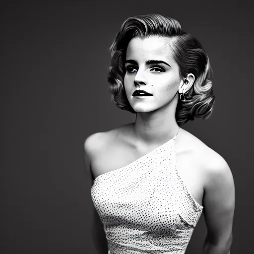 Prompt: Emma Watson dressing as Marilyn Monroe, XF IQ4, 150MP, 50mm, f/1.4, ISO 200, 1/160s, natural light, Adobe Photoshop, Adobe Lightroom, DxO Photolab, polarizing filter, Sense of Depth, AI enhanced, HDR