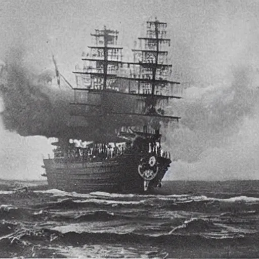 Image similar to an impossibly huge pirate ship, being attacked by a kraken. 1910s photograph