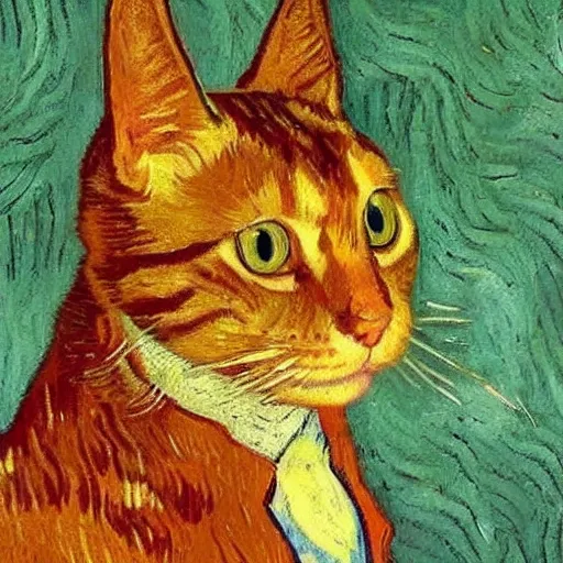 Image similar to Van Gogh portrait of a ginger tabby cat wearing a beautiful outfit